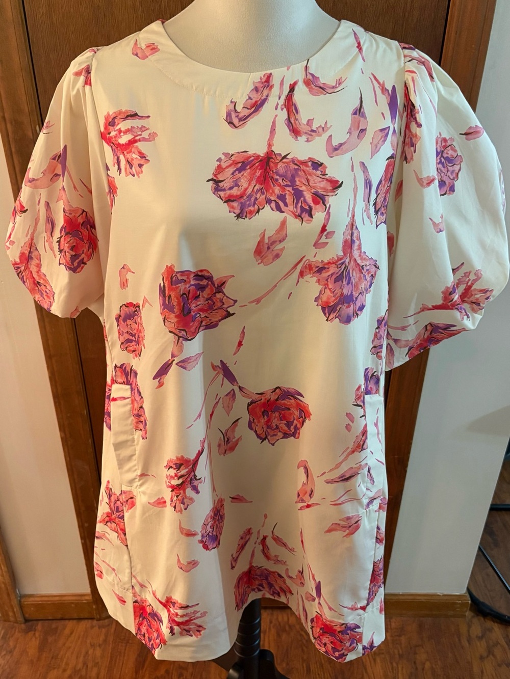 Floral Puff-Sleeve Cream Mini Dress with Pink & Purple Print